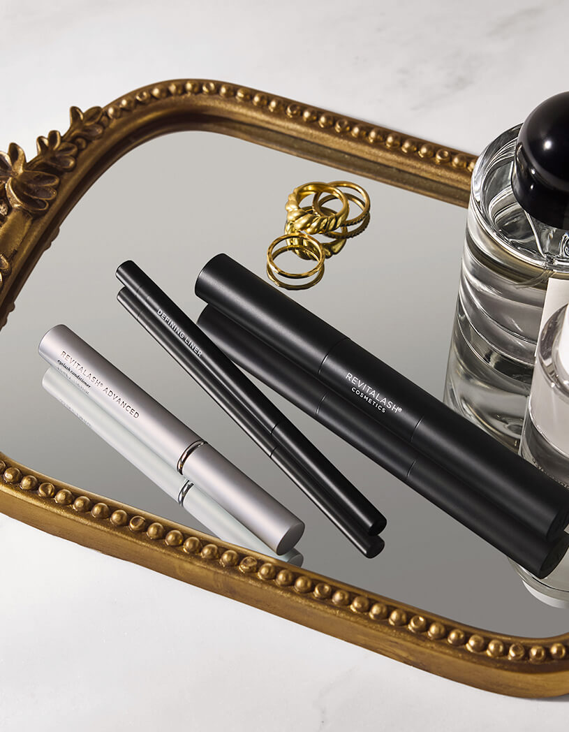 flay lay iimage of RevitaLash Advanced, Defining Eyeliner Liner and Double-Ended Volume Set
